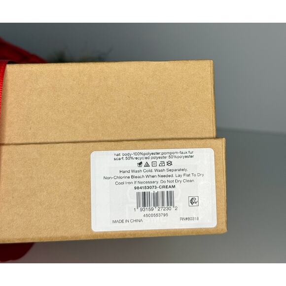 Lucky Brand Scarf Hat Set Cream Tan Knit Beanie Faux Fur Pom Pom Winter Gift NWT - Picture 2 of 4